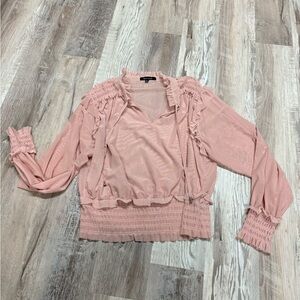 New Look Blush Pink Sheer Mesh Ruffle Blouse 1X Plus Size Smocked Boho Top